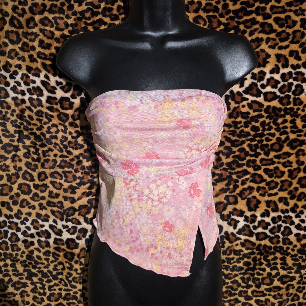 SHEIN Pink Floral Strapless Blouse